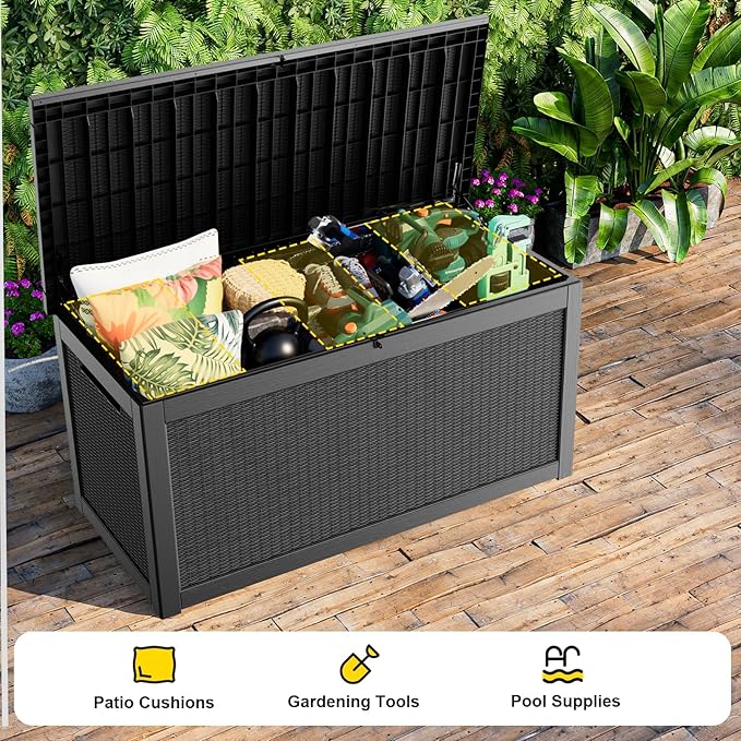 320 Gallon Outdoor Storage Box, Large Outdoor Deck Box,Waterproof & UV Resistant Resin Storage Box Lockable for Patio Cushions, Gardening Tools, Pool Accessories(Black)
