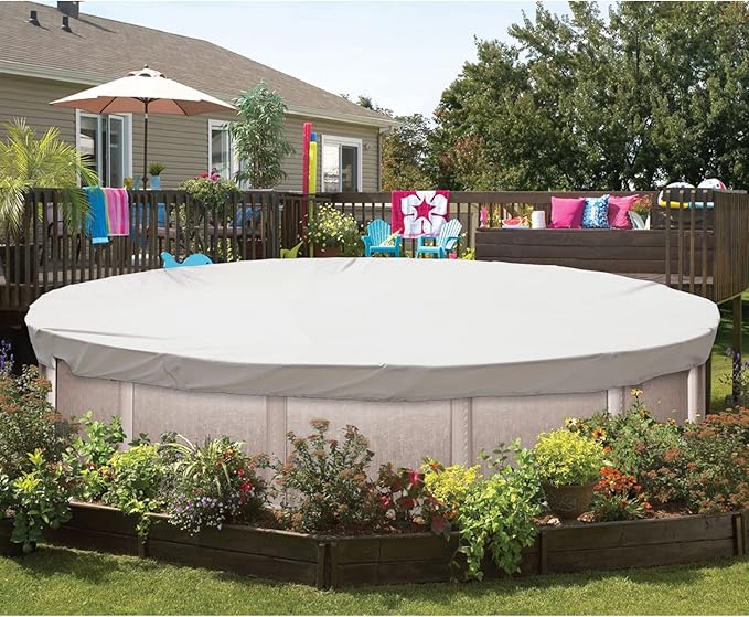 ECOOPTS 13 ft Waterproof Round Polyester Pool Cover for Above Ground Pools, Swimming Pool Cover Protector Winter Safety Cover (Light Grey)