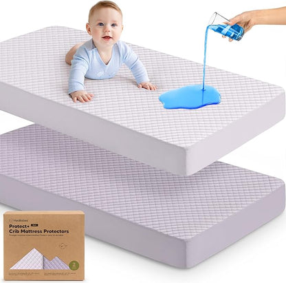 Waterproof Crib Mattress Protector Cover Fitted - 2-Pack Quiet Baby Crib Mattress Pad Sheets, 52" x 28" Soft Quilted Cotton Baby Sheet, Machine Washable, Easy Fit, Durable (Thistle/Quin)