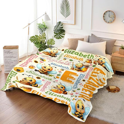 Personalized Custom Honeybee Blanket Gifts for Kids Boys Girls with Name - Customized Honeybee Super Soft Lightweight Flannel Sheets Decor for Crib Nap Couch - 90"x120" for Whole Family