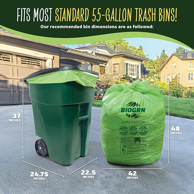 50-55 Gallon Compostable Trash Bags Flat-Top 12 Bags Heavy Duty 1.57 Mil 208.2 Liter Large Lawn and Yard Waste Bag Compost for Outdoor Garden ASTM D6400, US BPI and OK Compost Home Certified