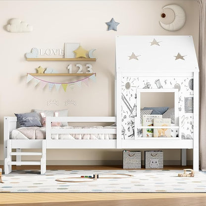 Bellemave Twin House Bed with Rails or guardrails and Bookcase, Wooden Twin House Shape Platform Bed for Boys, Girls, Teens, White