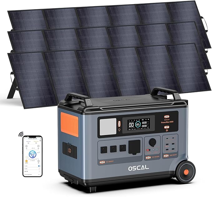 OSCAL PowerMax 6000 Solar Generator, 3600Wh/6000W Power Station with 3x500W Solar Panels, 120V/240V Split Phase Voltage AC Outlets (9000W Peak), 2400W Solar Charging,Emergency for Home,Battery Backup