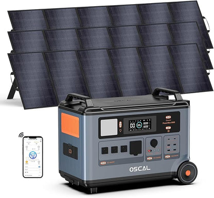 OSCAL PowerMax 6000 Solar Generator, 3600Wh/6000W Power Station with 3x500W Solar Panels, 120V/240V Split Phase Voltage AC Outlets (9000W Peak), 2400W Solar Charging,Emergency for Home,Battery Backup