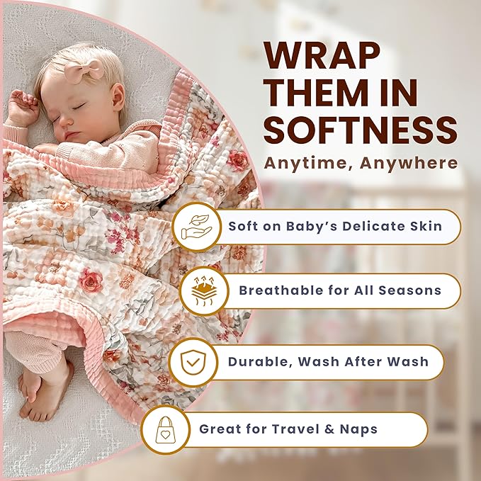 100% Cotton Muslin Baby Blanket - Large Reversible Receiving Blankets for Baby Girls, Soft & Lightweight, Perfect Muslin for Newborns, Infants & Toddlers, 7 Layers Design, Machine Washable, Pink