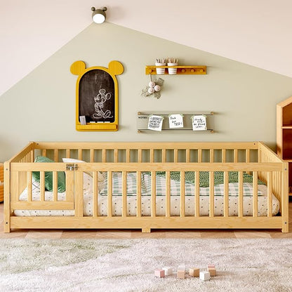 Bellemave Full Size Floor Bed with Rails for Kids, Girls, Boys, Pine,Plywood Floor Bed with slats and Door, Natural