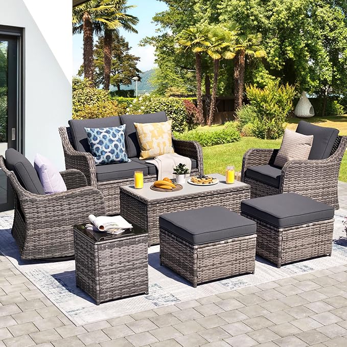 MEISSALIVVE Outdoor Patio Furniture Set with Swivel Chairs, 7 Pieces Wicker Rattan Sofa Couch with Loveseat, Patio Conversation Set with Rocker Patio Chair, 2 Ottomans and Coffee Table (Grey)