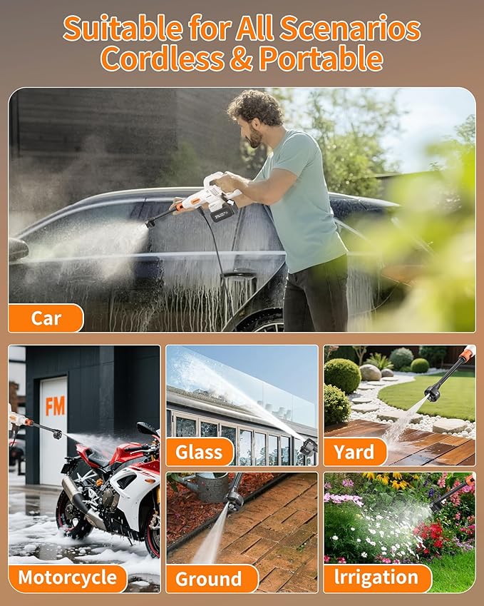 Cordless Pressure Washer Battery Powered; 1200PSI Cordless Power Washer with Brushless Motor, 4.0Ah Battery,6-in-1 Nozzle, 3 Power Level; Handheld Portable Pressure Washer Cordless (5022-WH1)