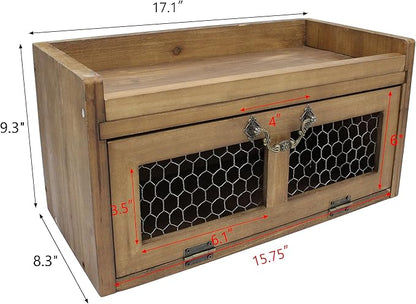 Farmhouse Countertop Storage Organizer, Rustic Wood Kitchen Cabinet with Chicken Wire, Kitchen Pantry Display Shelf, Country Vintage Style. Distress Brown