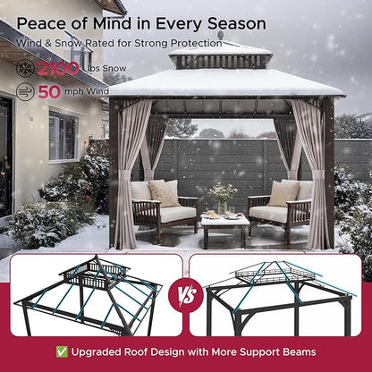SUNJOY Kingston 10' x 10' Hardtop Gazebo with Galvanized Steel Double Roof, Curtain and Netting, Brown Aluminum Posts Permanent Pavilion Gazebo for Garden, Patio, Deck, Lawn