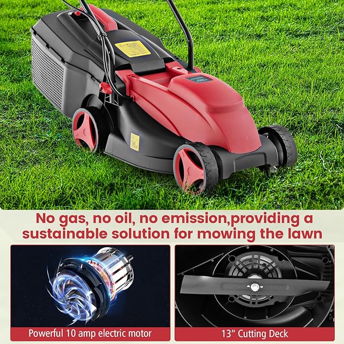 S AFSTAR Electric Lawn Mower, 10-AMP 13-Inch Corded Walk-Behind Lawnmower with Collection Box, 3 Adjustable Height Position, Self Locking Function, Push Lawn Mower for Backyard