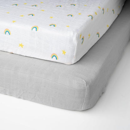 Salt Earth 100% Organic Cotton Muslin Standard Fitted Crib Sheet, 52"x28", 2 Pack Soft Breathable Natural Cotton Sheets Baby Mattress Bed Sheets, No Slip Neutral Baby Crib Sheet (Silver & Rainbow)