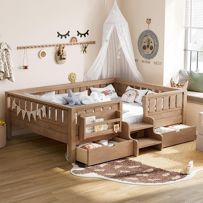 Bellemave Full Size Bed with Slats and Stairs, Full Size Platform Bed Frame with Fence, Bookshelf and Storage Drawers, Easy Assemble Beds for Kids, Girls, Boys, Natural