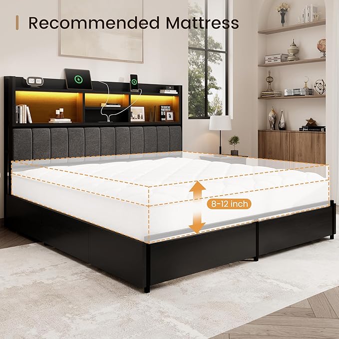King Bed Frame with 6 Storage Drawers, Linen Upholstered Headboard, Built-in
