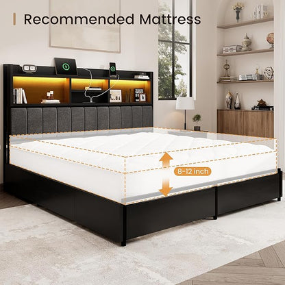 King Bed Frame with 6 Storage Drawers, Linen Upholstered Headboard, Built-in