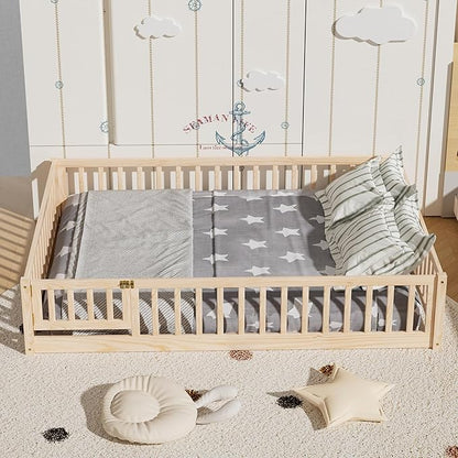 i-POOK Queen Floor Bed for Children, Sturdy Wood Montessori Bed Frame with Wood Slats, High Fence & Small Door, Montessori Floor Bed for Girls and Boys, Natural
