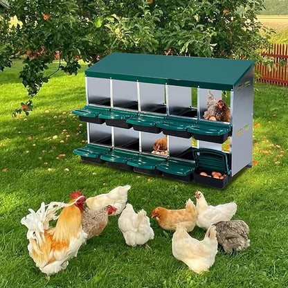 10 Compartment Metal Chicken Nesting Box, Automatic Roll-Out Egg Collection, Waterproof Galvanized Steel Laying Box, for Hens Ducks Rabbits, Green
