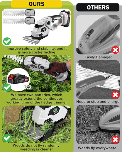 Cordless Hedge Trimmer,2 in 1 Cordless Grass Shear & Hedge Shear/Shrubbery Trimmer with Dual-Action Blade Cutting Capacity,Hedge Shear with 2 PCS Rechargeable Battery and Charger for Garden,Lawn