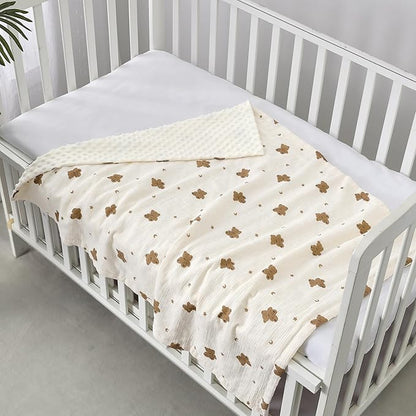 CREVENT 30''X40'' Organic Muslin Cotton Baby Blanket for Newborns, Soft Mink Backing, Essential for Baby Shower Birthday Gift - Bear 75X100cm