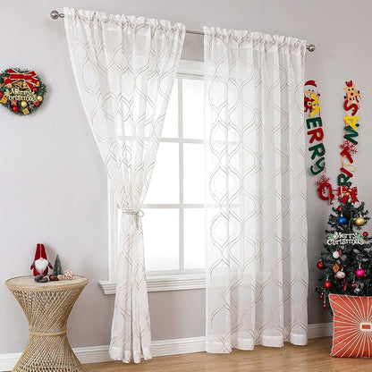 VISIONTEX White Sheer Curtains 95 Inches Long 2 Panels Set Brown Moroccan Embroidered Curtains Trellis French Textured Rod Pocket Voile Tulle Semi Window Drapes for Bedroom Living Room 54 x 95 Inches