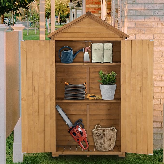 MCombo Outdoor Storage Cabinet with 2 Shelves, Outside Storage Shed with Floor, Wooden Garden Tool Shed with Latch for Yard Deck Lawn, 1000
