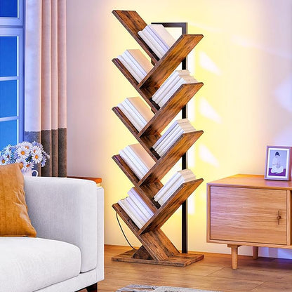HOOBRO Tree Bookshelf, 9-Tier Tree Bookshelf with Lights, Space-Saving Book Shelf, Holds Books, CDs, Floor Standing Bookcase for Office, Living Room, Bedroom, Rustic Brown and Black BF08DSJ01