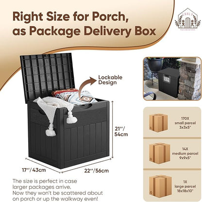 33 Gallon Outdoor Storage Box, Small Deck Box Waterproof, Lockable Secure Package Bin Delivery Box for Outside Front Porch, Patio Cushions Storage Box, Delivery Driver Snack Box for Porch, Black