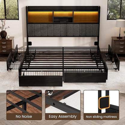King Bed Frame with 6 Storage Drawers, Linen Upholstered Headboard, Built-in