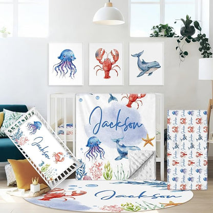 Custom Baby Crib Bedding Set, 5 Pcs Personalized Baby Crib Set with Name, Ocean Animals Design Nursery Bedding Sets, Toddler Bedding Set, Newborn Infant New Parents Customized Gift