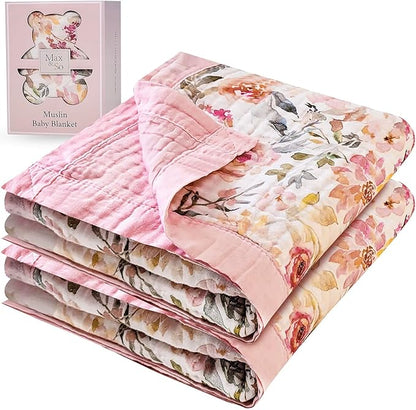 100% Cotton Muslin Baby Blanket - Large Reversible Receiving Blankets for Baby Girls, Soft & Lightweight, Perfect Muslin for Newborns, Infants & Toddlers, 7 Layers Design, Machine Washable, Pink