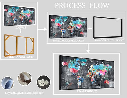 ZHAOSHOP World Map Canvas Wall Art with Frame - Office Artwork Wall Decor - Teal and Gray Wall Art for Living Room Large Size Ready to Hang Size 29" x 59"