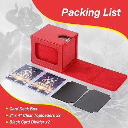 MTG Deck Box, Double Display Window MTG, Commander Deck Box Fits 120+ Single Sleeved Cards, PU Leather Magnetic Closure Card Box with 2 Dividers&2 Toploaders for TCG, CCG, Red