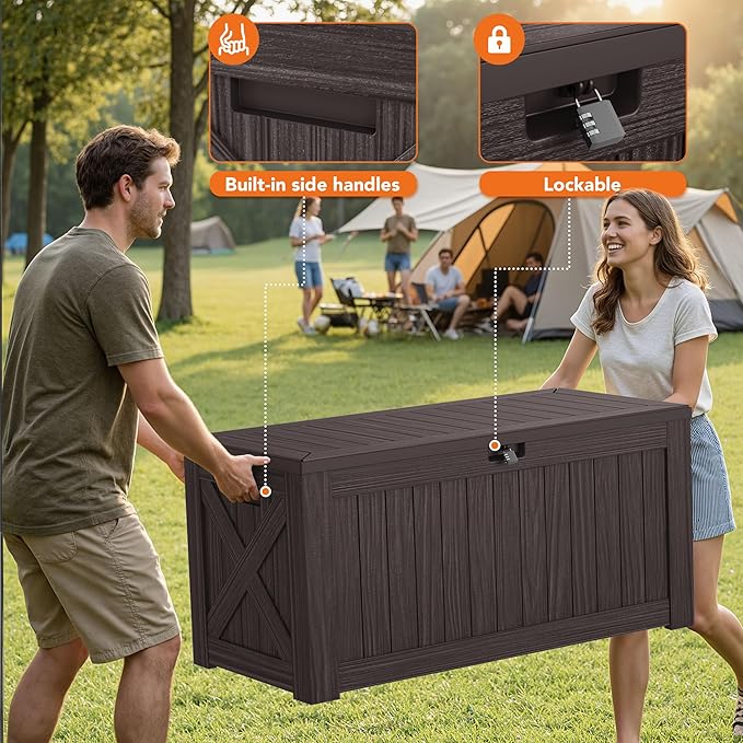 130 Gallon Deck Box Outdoor Indoor Waterproof Storage Box for Patio Furniture, Pool Accessories, Garden Tools, and Cushion Storage, Brown