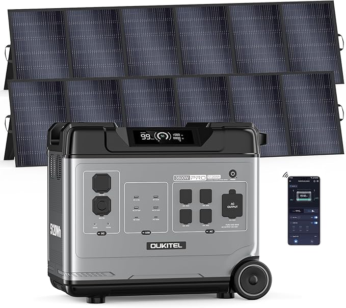 OUKITEL 5120Wh Power Station with 2x500W Solar Panels (2025 NEW), P5000 Pro Large Capacity Solar Generator, 5x3600W AC Output (6000W Peak), 1800W Fast Charging, 1000W MPPT Solar for Home Backup, RV