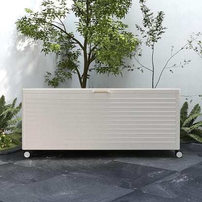 MIRADOR 281 Gallon Large Outdoor Metal Deck Box with Wheels, Storage Box with Lid for Patio Furniture, Garden Tools, Outdoor Cushion, Latte
