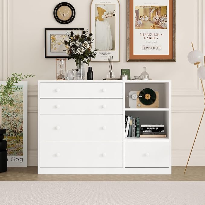 Changing Table Dresser, Baby Classic Nursery Dresser with 5 Drawers and 2 Shelves, Multi-Functional Baby Changing Table, Diaper Changing Station for Children's Room, White