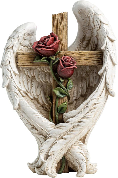 12" Angel Wings Embracing Cross and Rose Garden Statue Memorial Statue for Beloved one