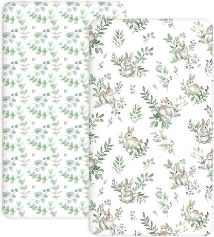 Pack and Play Sheets 2 Pack, Fitted Jersey Knit Mini Crib Sheets for Baby Boys and Girls, Compatible with Graco Pack N Play and Mini Crib Mattress (Bunny Meadow, Pack N Play/Mini Crib Sheets)