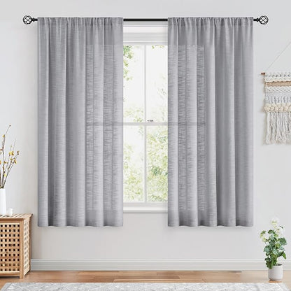 FMFUNCTEX Linen Semi Sheer Curtains 45 Inches Long for Bedroom Living Room, Grey Curtain Panels Sheer Linen Textured Window Drapes Farmhouse Light Filtering Gray 2 Panels Rod Pocket