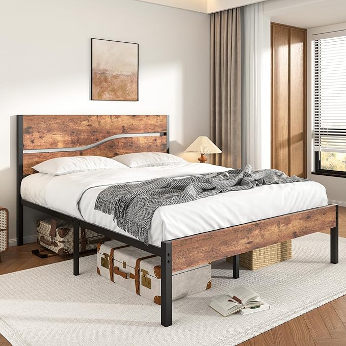 VECELO Queen Size Bed Frame with Wood Headboard and Footboard, 14 Inch Platform/No Box Spring Needed, Heavy Duty Support, Easy Assembly