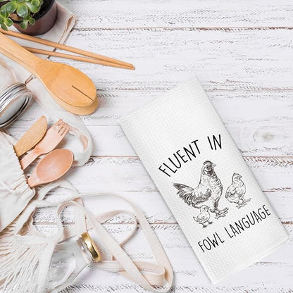 Funny Kitchen Dish Towels 16x24 Inch - Crazy Chicken Gifts for Chicken Lover Mom - Fluent in Fowl Language Decorative Hand & Tea Towels for Farmhouse Home