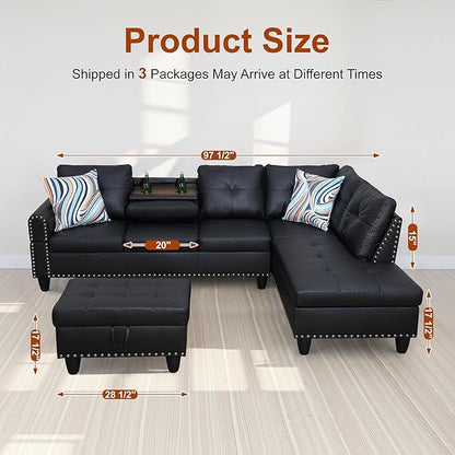 Osparple L Shaped Couch Faux Leather Sectional Couch Upholstered 3 Pieces Sofas for Living Room with Chaise, Ottoman with Storage for Office and Small Apartment, Graceful Black