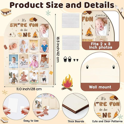 R HORSE My First Year Photo Display Wood Board - 3D S'mores Baby's First Year Picture Frame, 12 Months Camping Campfire Milestone Board Baby Keepsake Gift 1st Birthday Nursery Decor for Boy Girl