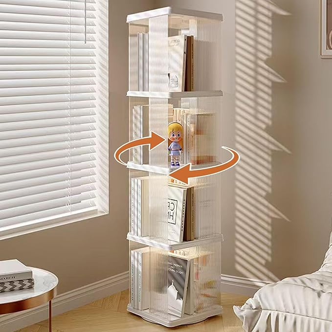 4 Tier Rotating Bookshelf Tower,360 Display Rotating Bookshelf,53.4 inch High Small Space Revolving Bookcase, Home Office Spinning Bookshelf Tower(Rectangular, White)