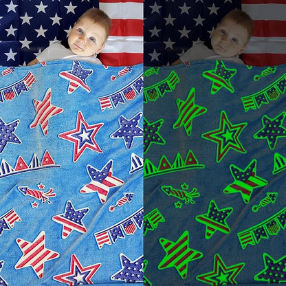 Glow in The Dark Blanket American Flag Blanket July 4th Decor USA Flag Patriotic Star Stripes Independence for Men Women Kids