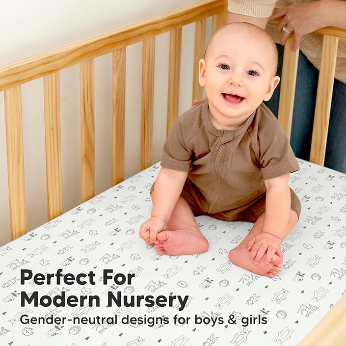 2-Pack Waterproof Baby Crib Sheets for Boys, Girls - 52x28 Viscose Derived from Bamboo Toddler Bed Sheet Neutral, Fitted Crib Mattress Protector Cover for Baby Bedding, Soft & Gentle (Woodland)