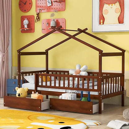Twin House Bed with 2 Storage Drawers, Kids Twin Bed Frame with Rails and Roof, Tent Bed, Wooden Twin Daybed, Twin Montessori Bed for Kids Teens Girls & Boys, No Box Spring Needed (Walnut)