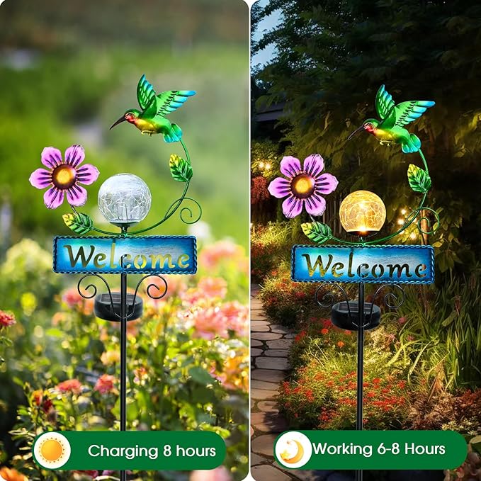 Outdoor Solar Garden Lights with Welcome Sign, Hummingbird Ornament Metal Stake Lights for Lawn, Patio, Cracked Glass Balls (Hummingbird)