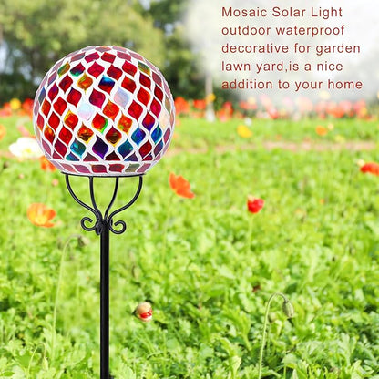VCUTEKA Solar Outdoor Lights Garden Decor Mosaic Solar Garden Lights Waterproof Glass Ball LED Pathway Stake Light for Landscape Lawn Patio Yard Decoration 6 inch, Red