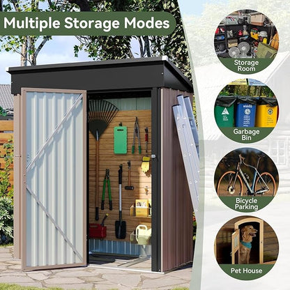Aoxun 5x3 ft Galvanized Metal Outdoor Storage Shed with Base Slanted Roof Tool House with Stainless Latch & Base Frame Durable Weather-Resistant Garden Shed for Patio, Brown